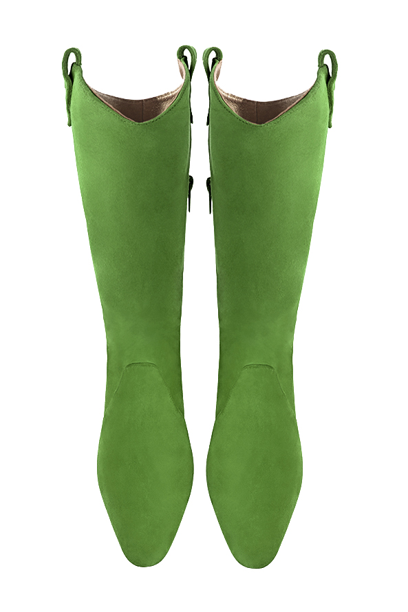 Grass green women's mid-calf boots. Round toe. Medium block heels. Made to measure. Top view - Florence KOOIJMAN